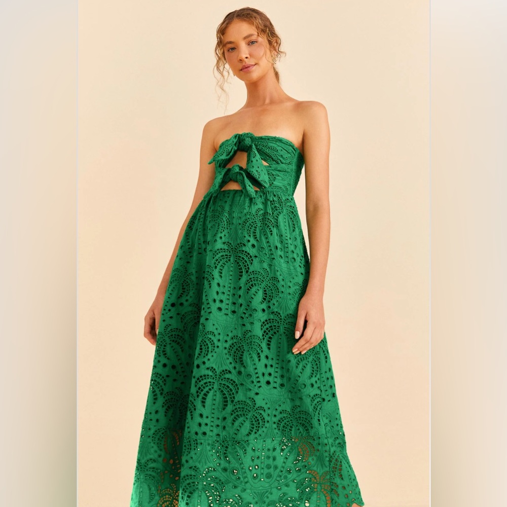 FARM Rio Green Eyelet Midi Dress - Picture 2 of 9